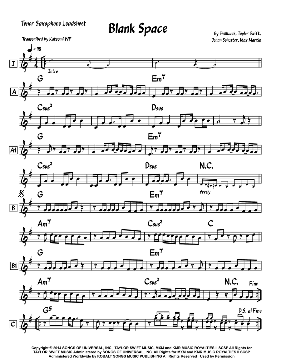 Blank Space Blank Space Tenor Saxophone scores gallery preview page 1