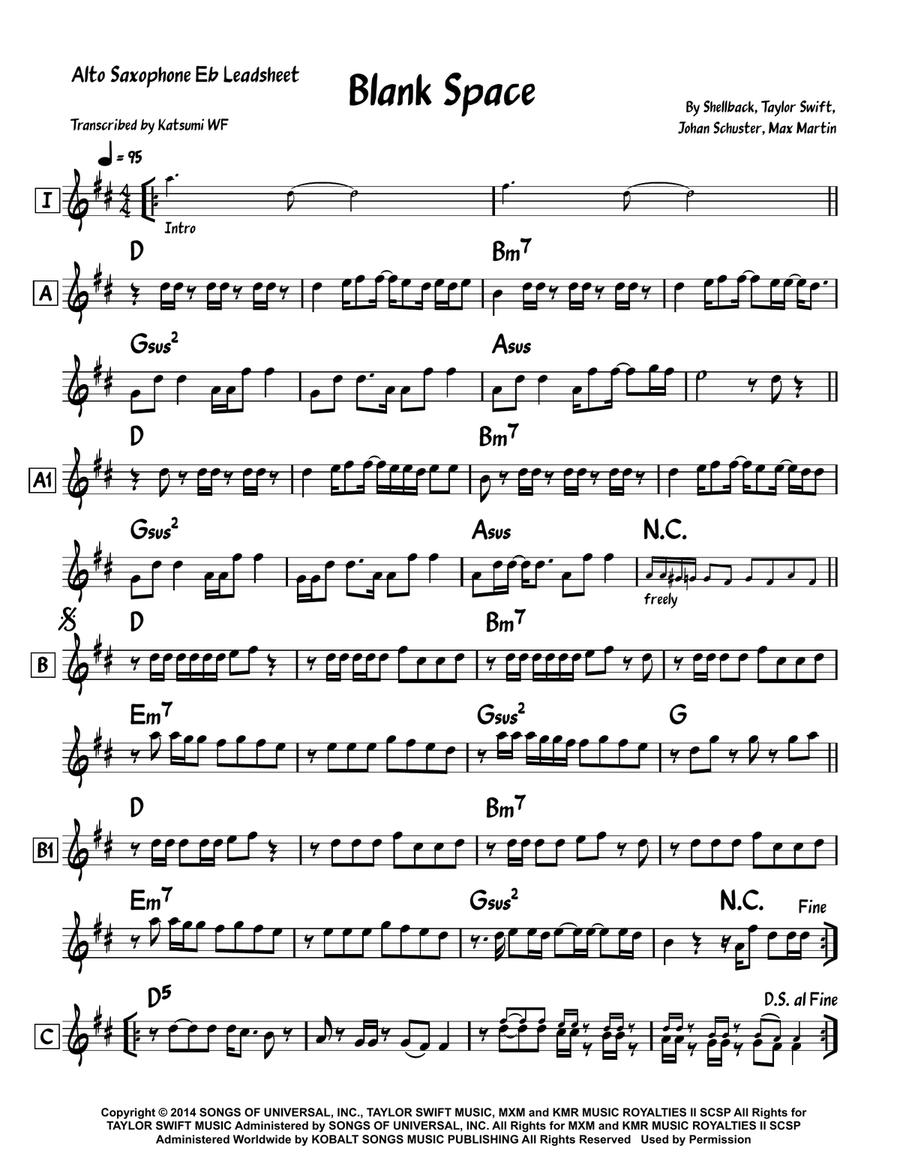 Blank Space Blank Space Alto Saxophone scores gallery preview page 1
