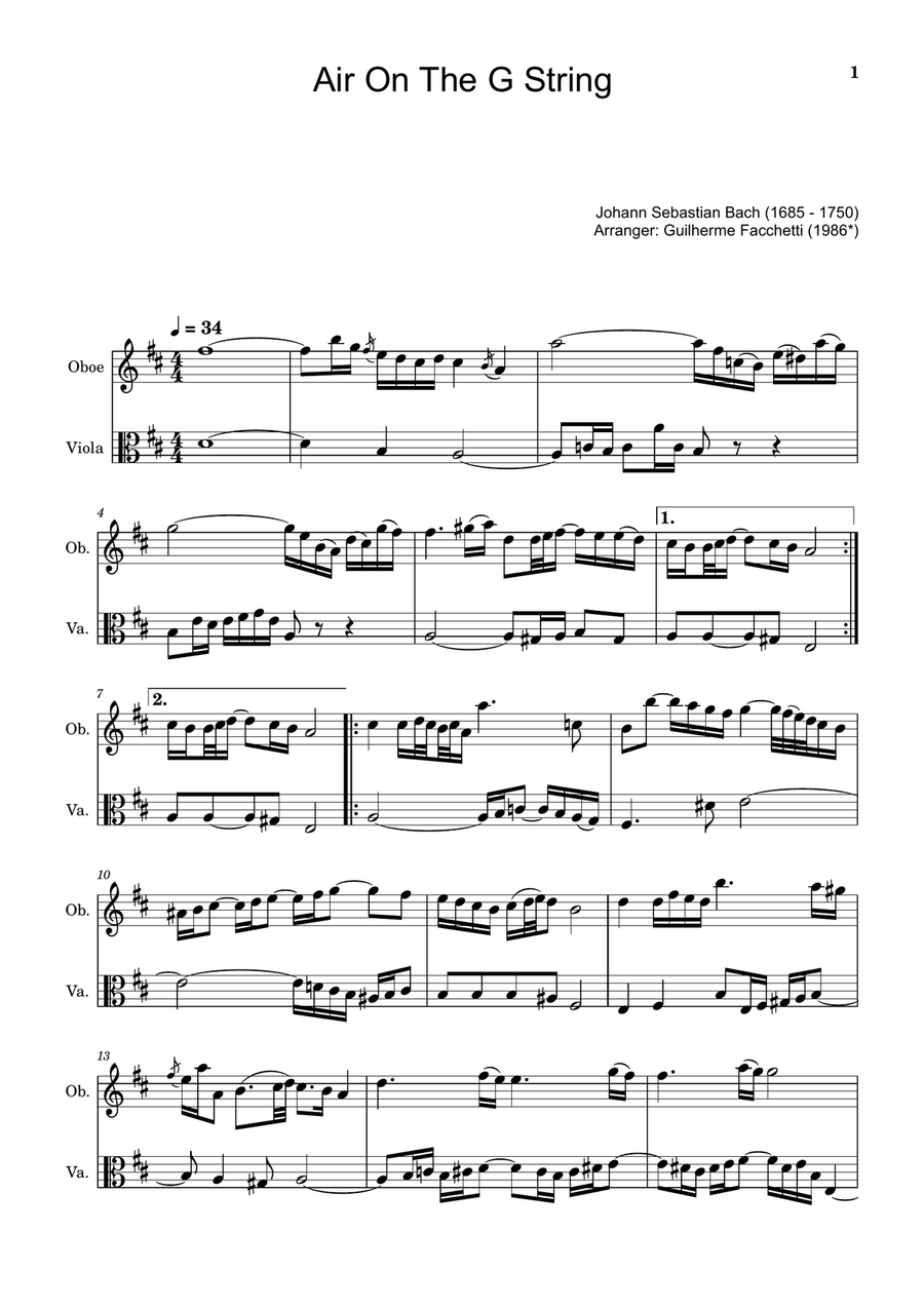 Air on the G String. For Oboe and Viola. Chamber Music scores gallery preview page 1