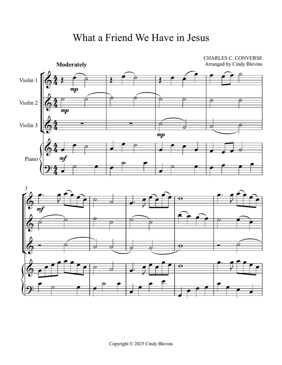 What a Friend We Have In Jesus, for Three Violins and Piano Small Ensemble scores gallery preview page 2