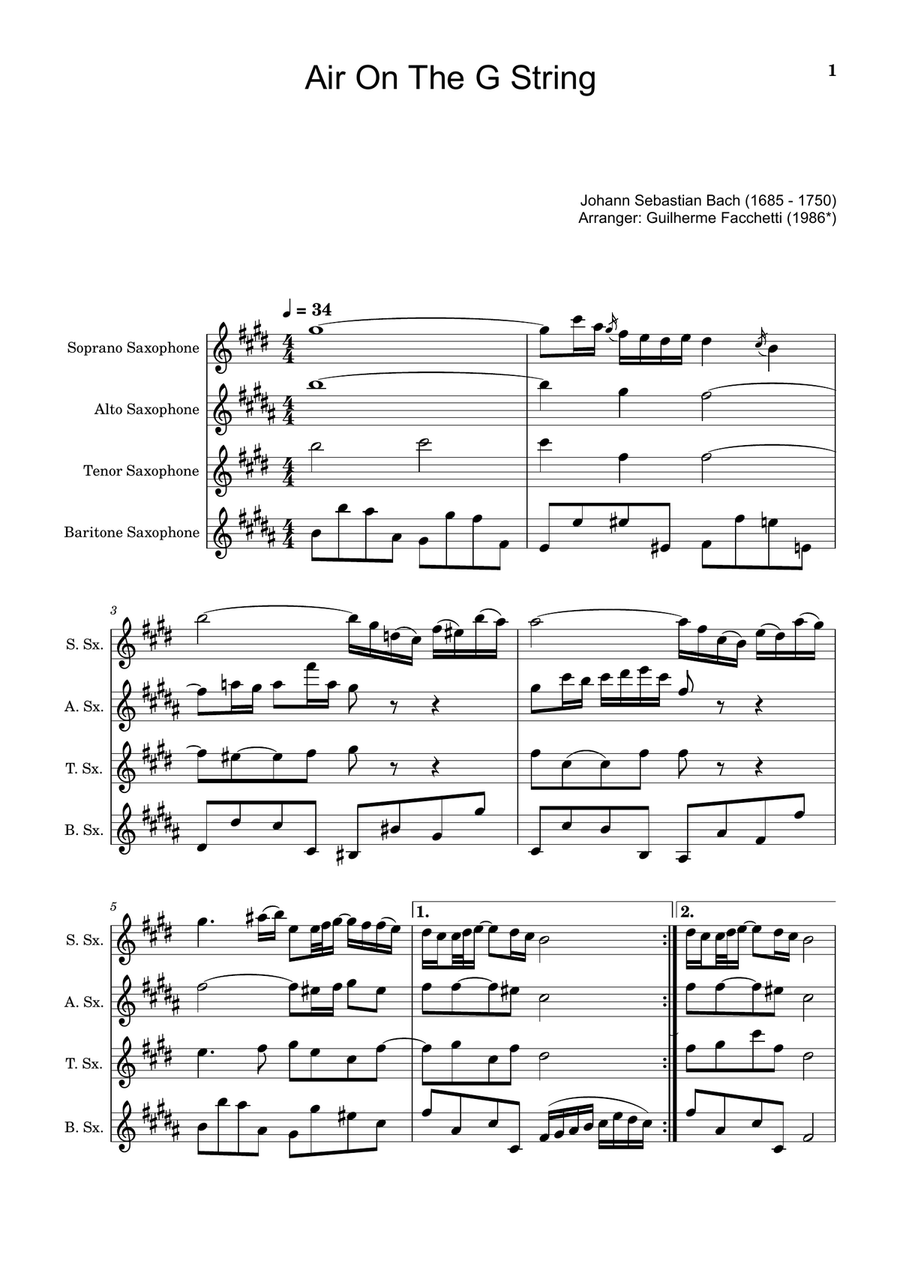Air on the G String. For Saxophone Quartet. Score and Parts Woodwind Ensemble scores gallery preview page 1