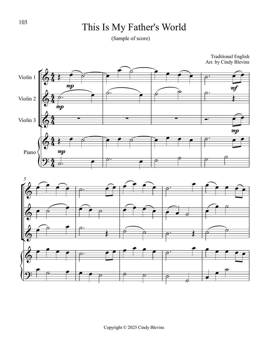 12 Favorite Hymns, Book 1, for Three Violins and Piano Small Ensemble scores gallery preview page 5