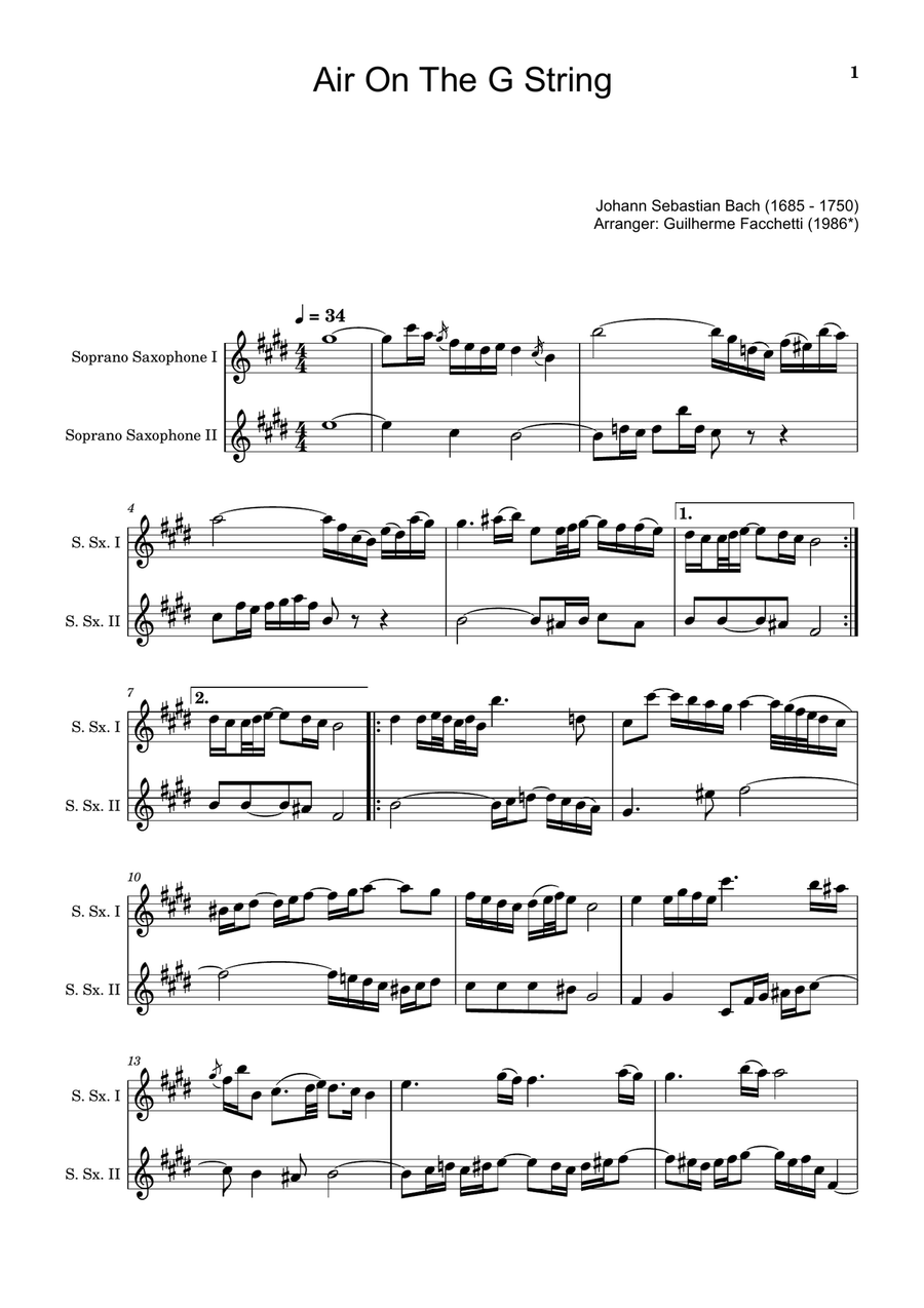 Air on the G String. For Soprano Sax Duet. Saxophone Duet scores gallery preview page 1