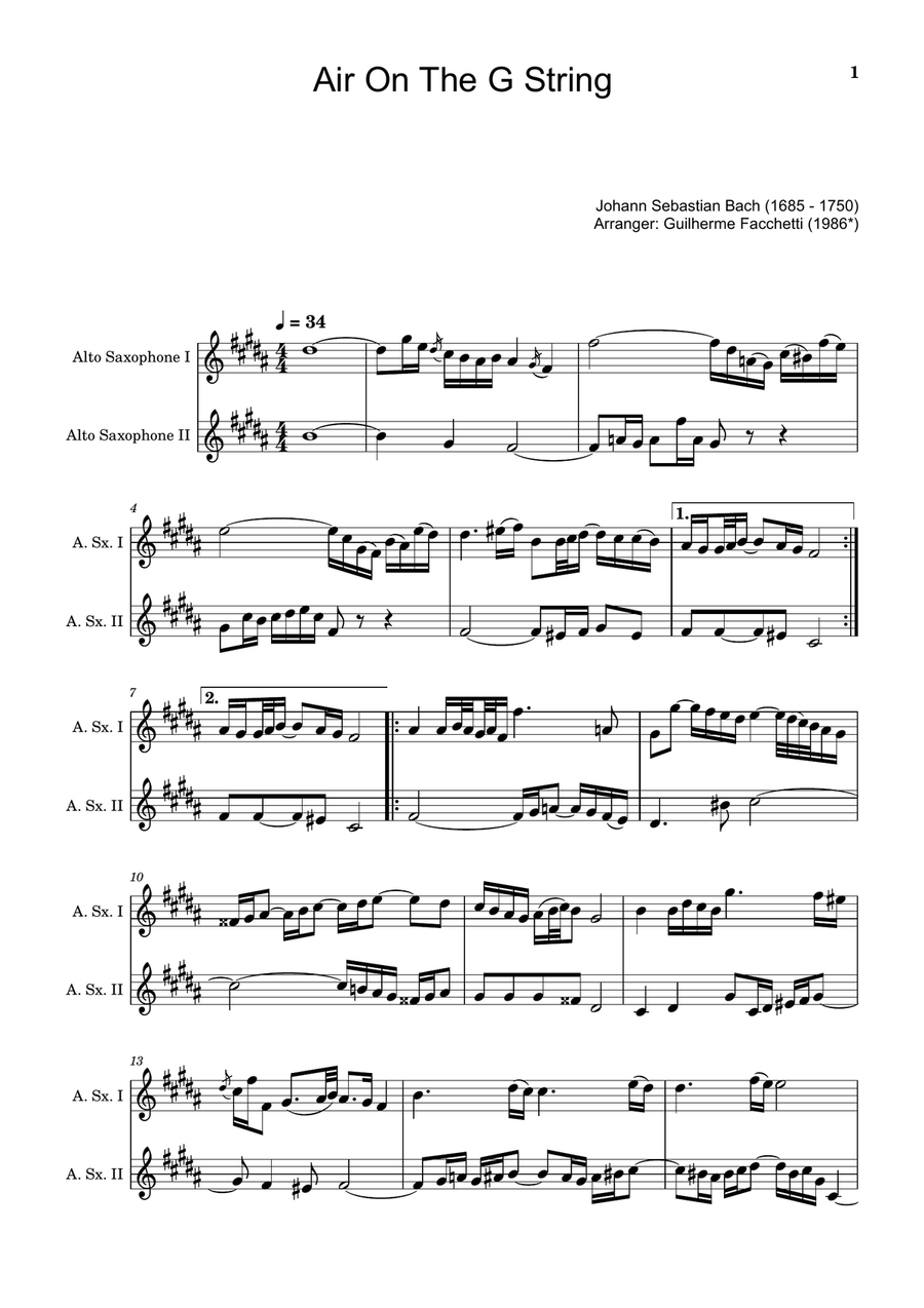 Air on the G String. For Alto Sax Duet. Saxophone Duet scores gallery preview page 1