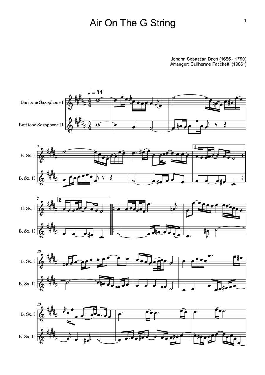 Air on the G String. For Baritone Sax Duet. Saxophone Duet scores gallery preview page 1