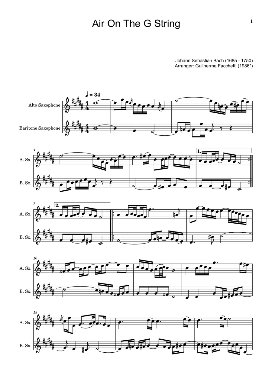Air on the G String. For Alto and Baritone Sax. Chamber Music scores gallery preview page 1
