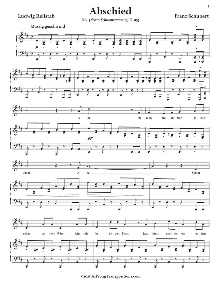 SCHUBERT: Abschied, D. 957 no. 7 (transposed to D major) Piano, Vocal scores gallery preview page 2