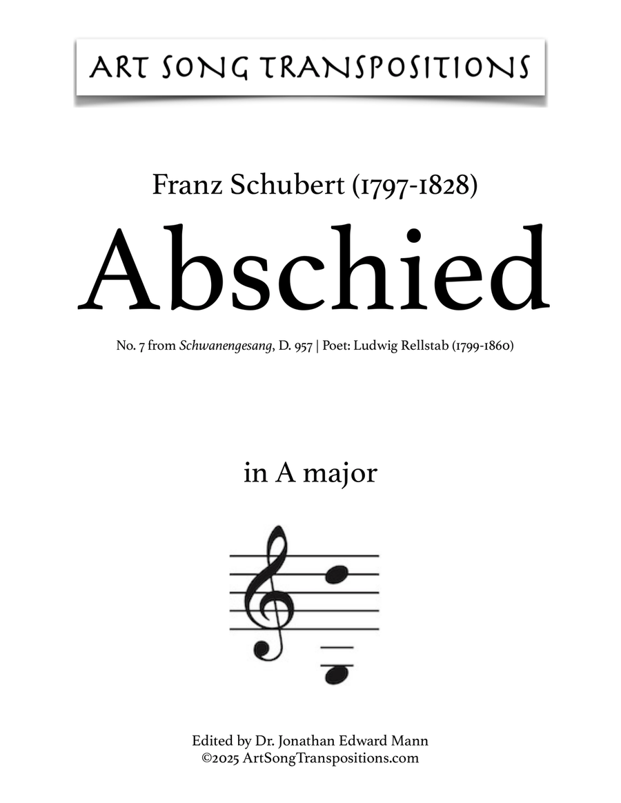 SCHUBERT: Abschied, D. 957 no. 7 (transposed to A major) Piano, Vocal scores gallery preview page 1