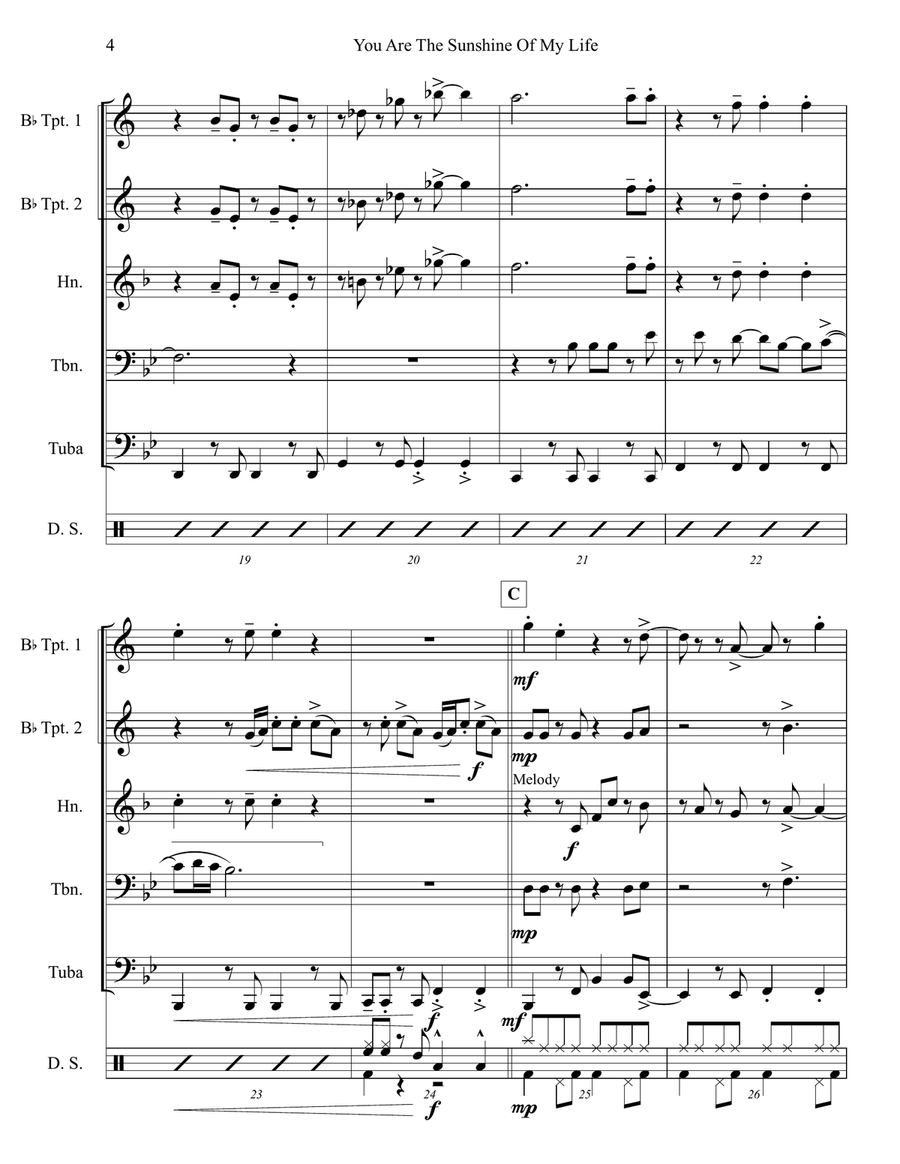 You Are The Sunshine Of My Life Brass Quintet scores gallery preview page 4