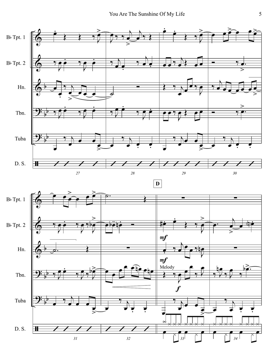 You Are The Sunshine Of My Life Brass Quintet scores gallery preview page 5