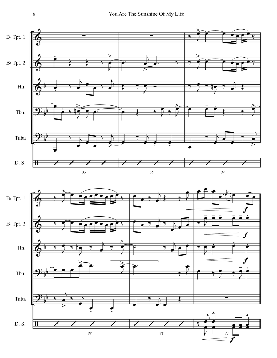 You Are The Sunshine Of My Life Brass Quintet scores gallery preview page 6