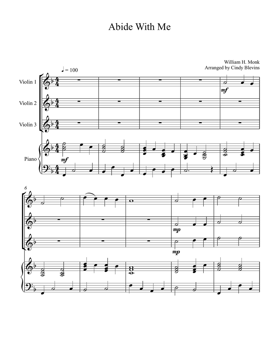 Abide With Me, for Three Violins and Piano Small Ensemble scores gallery preview page 2