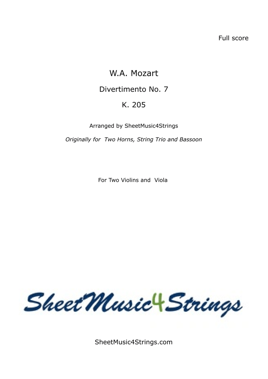 Mozart, W. A. - Divertimento No. 7, K. 205, Arranged for Two Violins and Viola String Trio scores gallery preview page 1