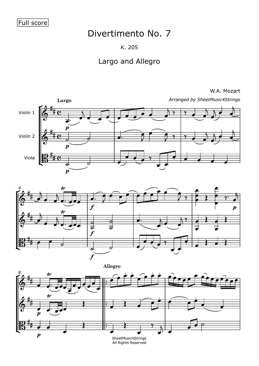 Mozart, W. A. - Divertimento No. 7, K. 205, Arranged for Two Violins and Viola String Trio scores gallery preview page 2