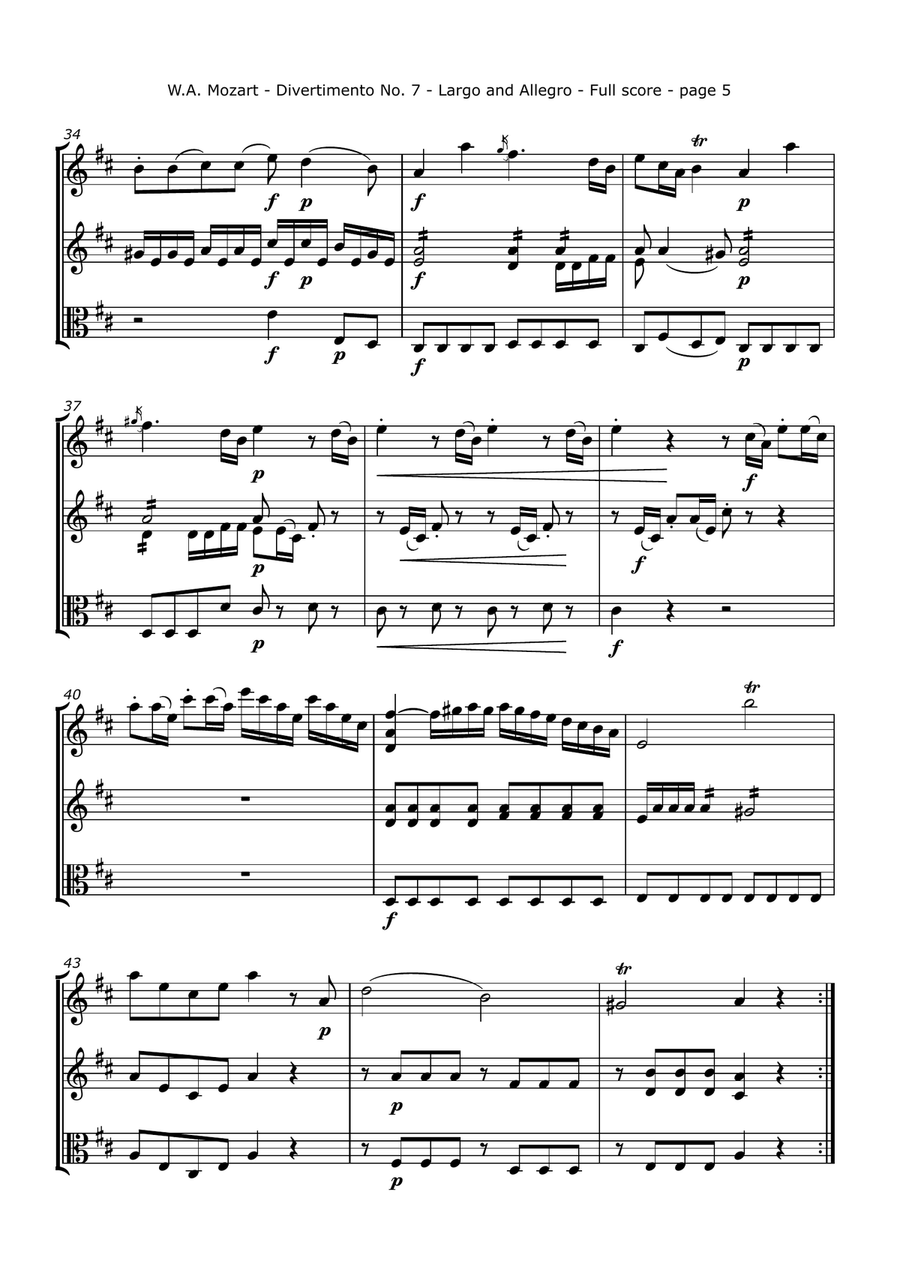 Mozart, W. A. - Divertimento No. 7, K. 205, Arranged for Two Violins and Viola String Trio scores gallery preview page 5