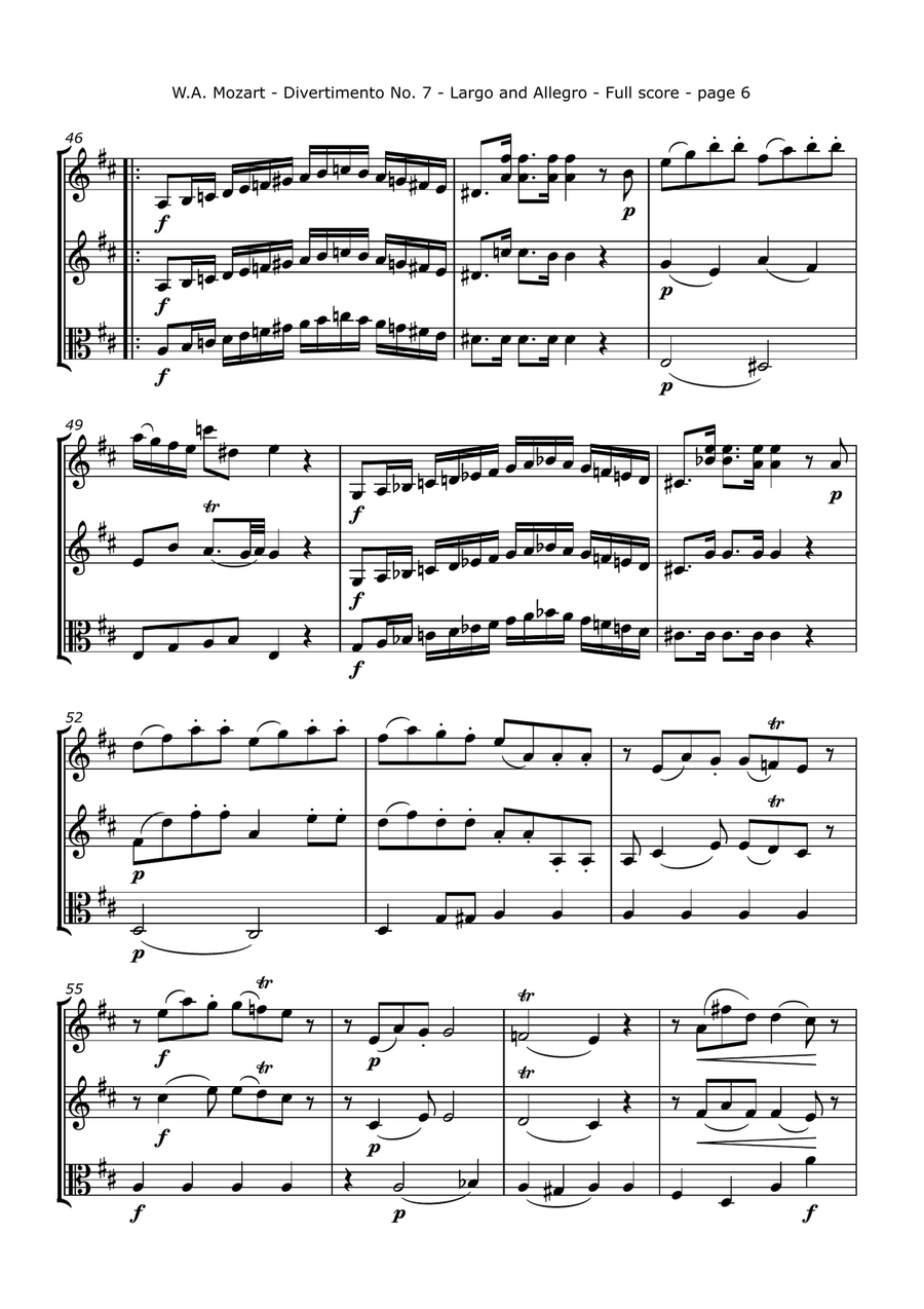 Mozart, W. A. - Divertimento No. 7, K. 205, Arranged for Two Violins and Viola String Trio scores gallery preview page 6