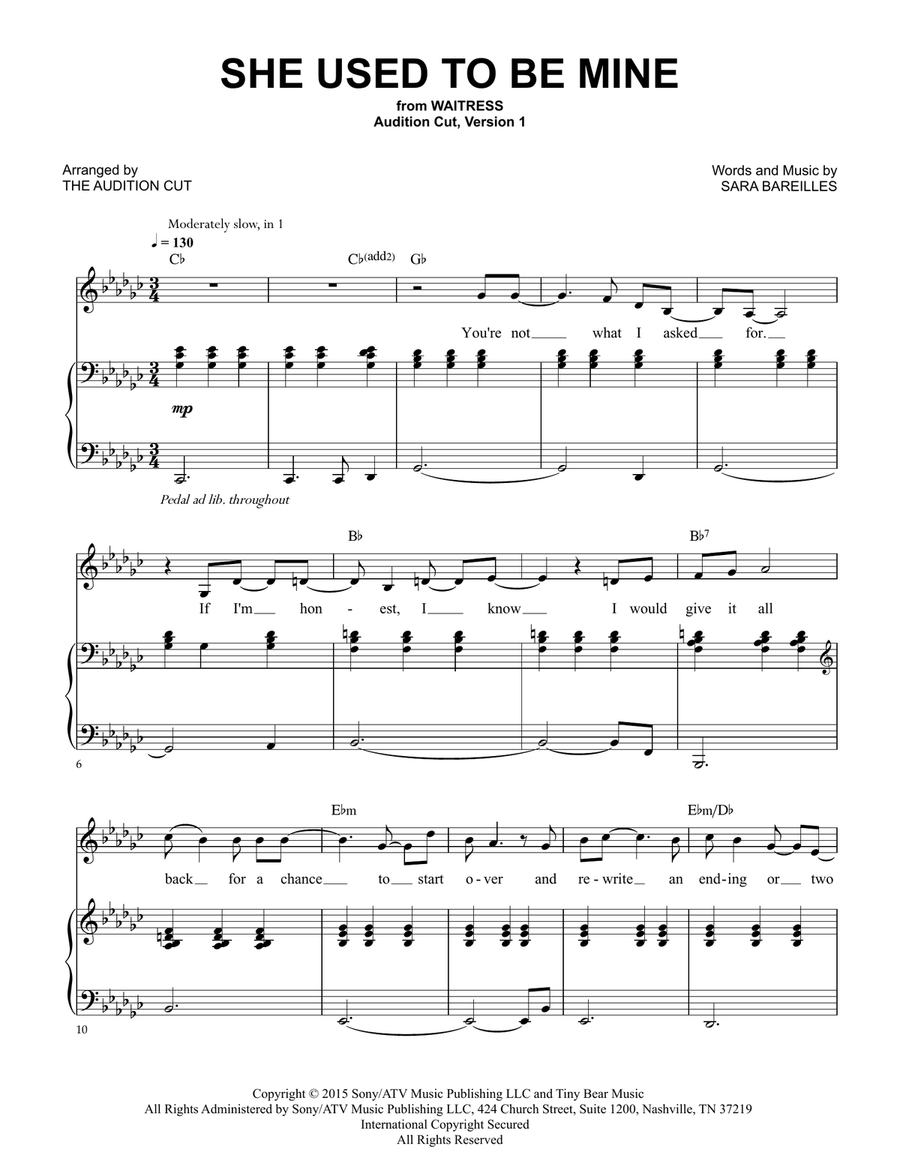 She Used To Be Mine Piano, Vocal scores gallery preview page 1