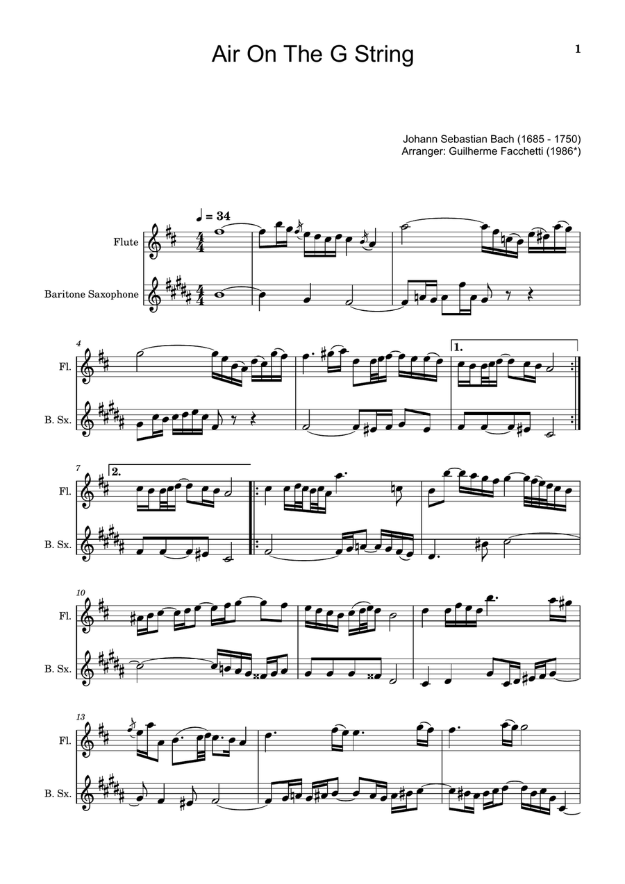 Air on the G String. For Flute and Baritone Sax. Chamber Music scores gallery preview page 1
