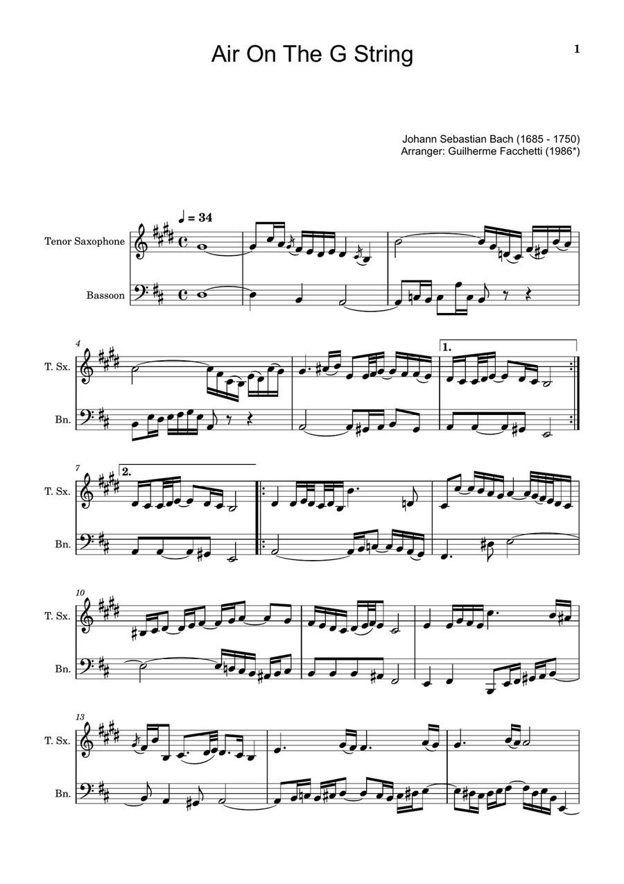 Air on the G String. For Tenor Sax and Bassoon. Chamber Music scores gallery preview page 1