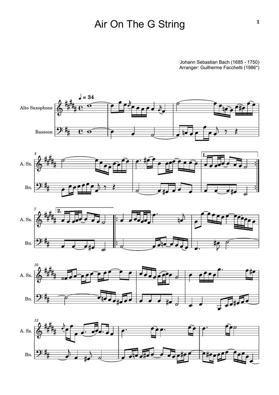 Air on the G String. For Alto Sax and Bassoon. Chamber Music scores gallery preview page 1