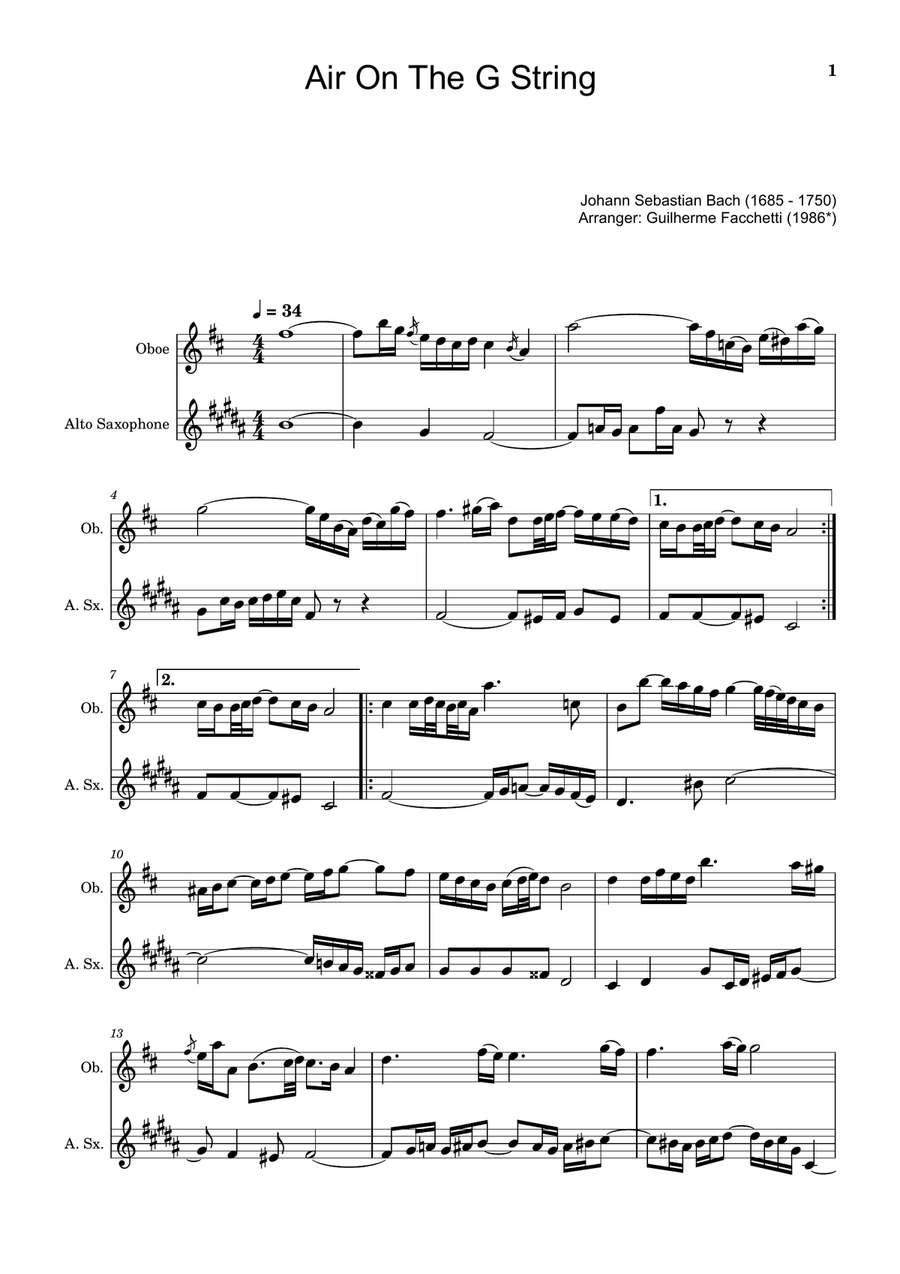 Air on the G String. For Oboe and Alto Sax. Chamber Music scores gallery preview page 1