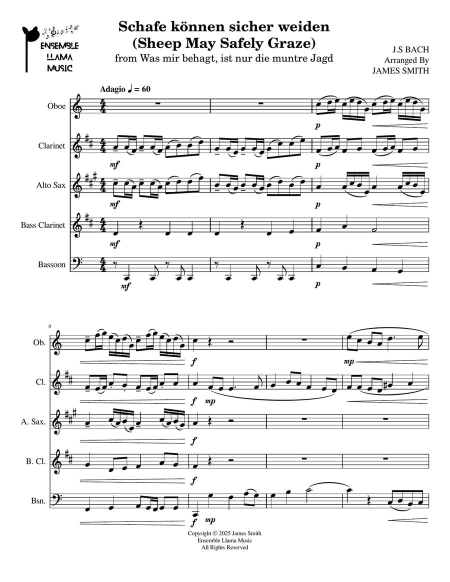 Schafe können sicher weiden (Sheep May Safely Graze) for Reed Quintet Woodwind Ensemble scores gallery preview page 1