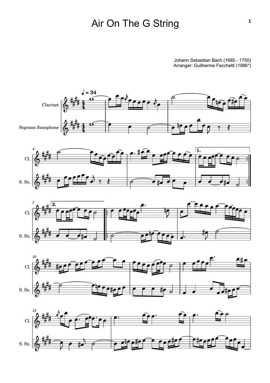 Air on the G String. For Clarinet and Soprano Sax. Chamber Music scores gallery preview page 1