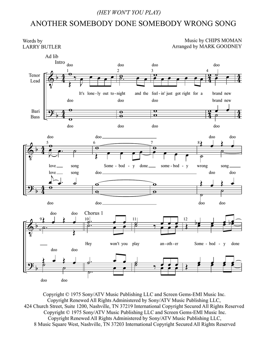 (Hey, Won't You Play) Another Somebody Done Somebody Wrong Song TTBB scores gallery preview page 2