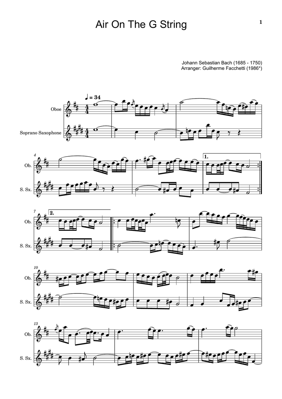 Air on the G String. For Oboe and Soprano Sax. Chamber Music scores gallery preview page 1