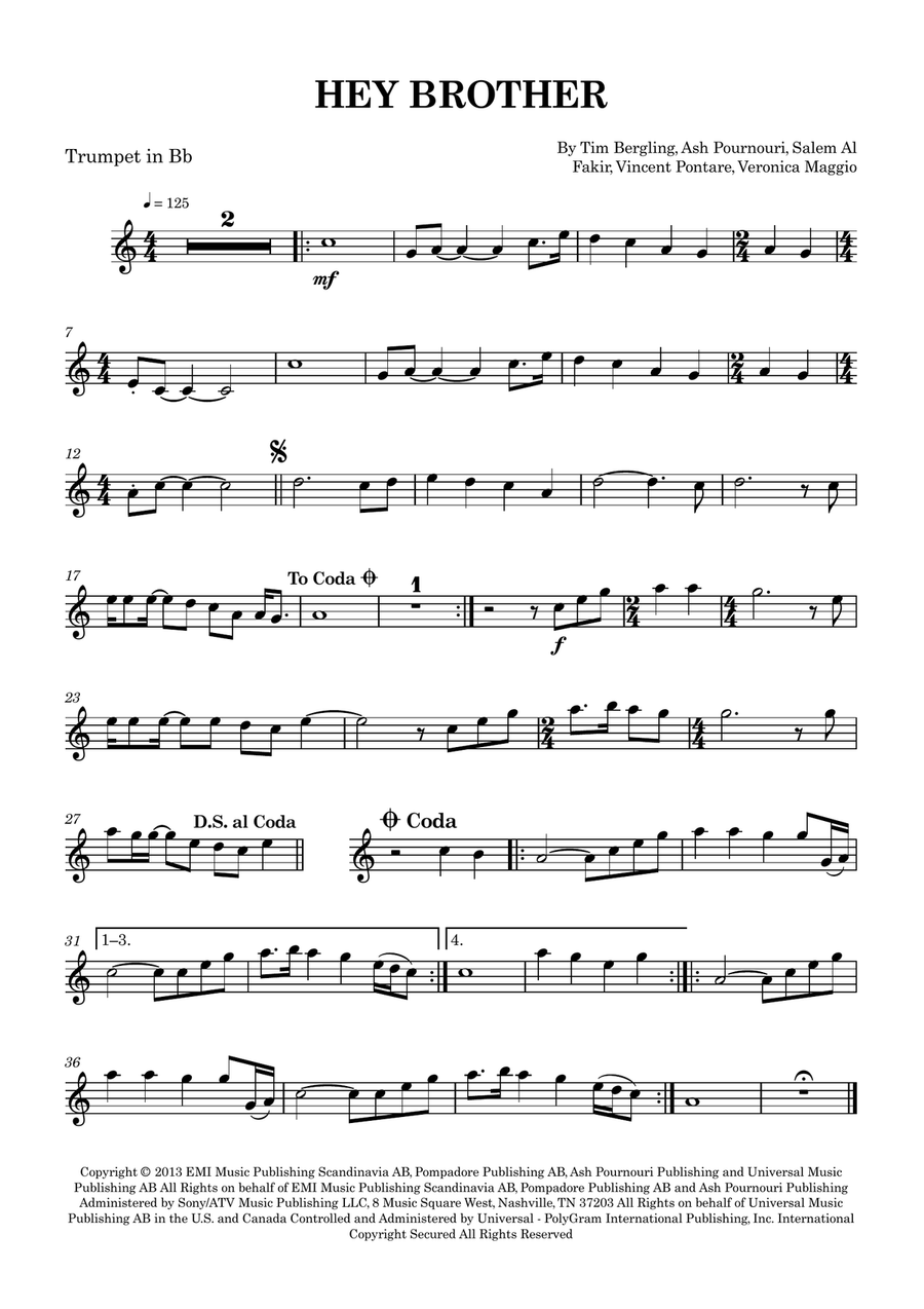 Hey Brother Hey Brother B-Flat Trumpet scores gallery preview page 1