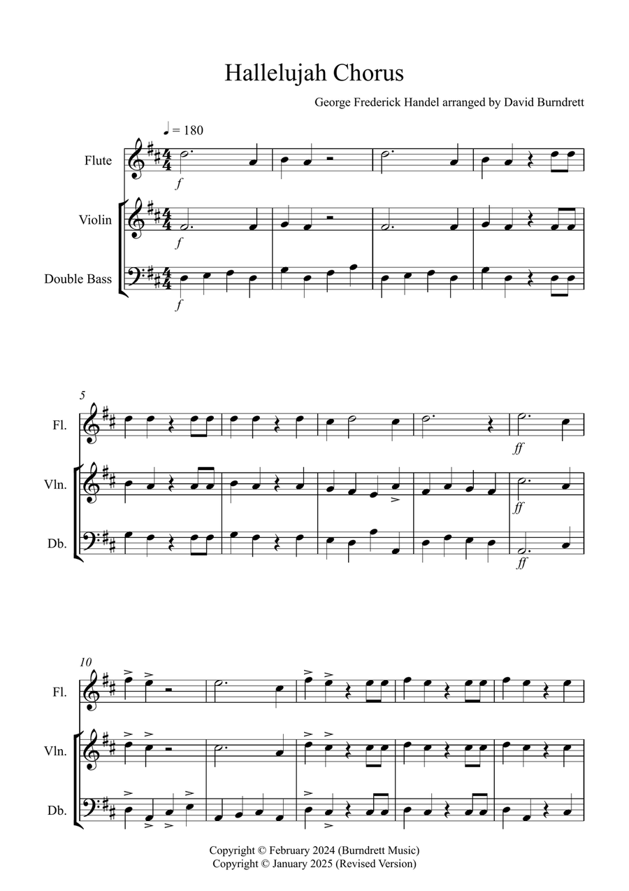 Hallelujah Chorus for Flute, Violin and Double Bass Trio Small Ensemble scores gallery preview page 1