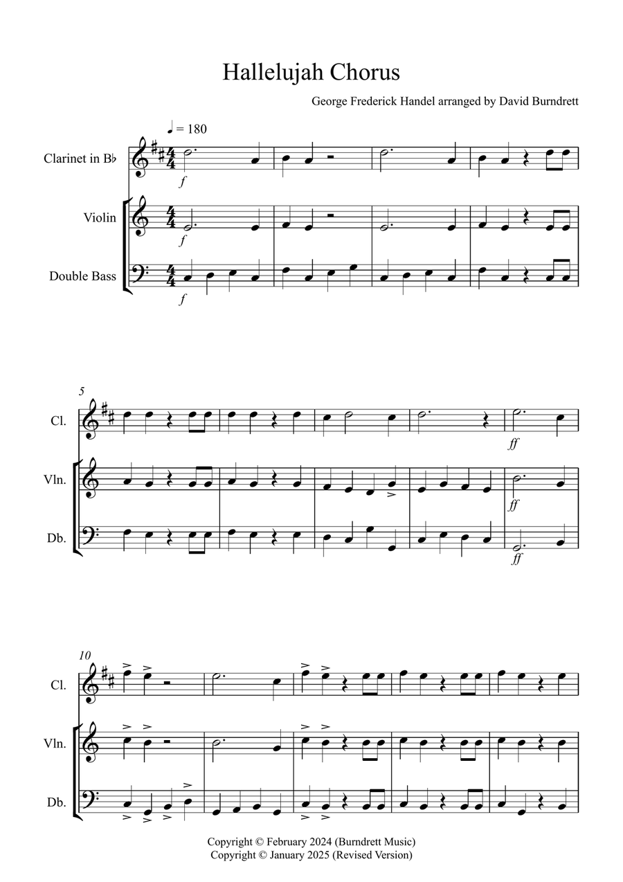 Hallelujah Chorus for Clarinet, Violin and Double Bass Trio Small Ensemble scores gallery preview page 1