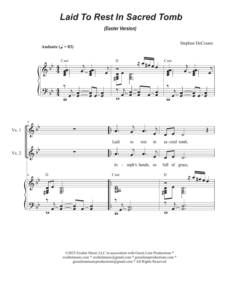 Laid To Rest In Sacred Tomb (Easter version) (Unison choir) Unison Choir scores gallery preview page 1