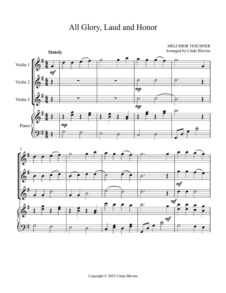 All Glory, Laud and Honor, for Three Violins and Piano Small Ensemble scores gallery preview page 2