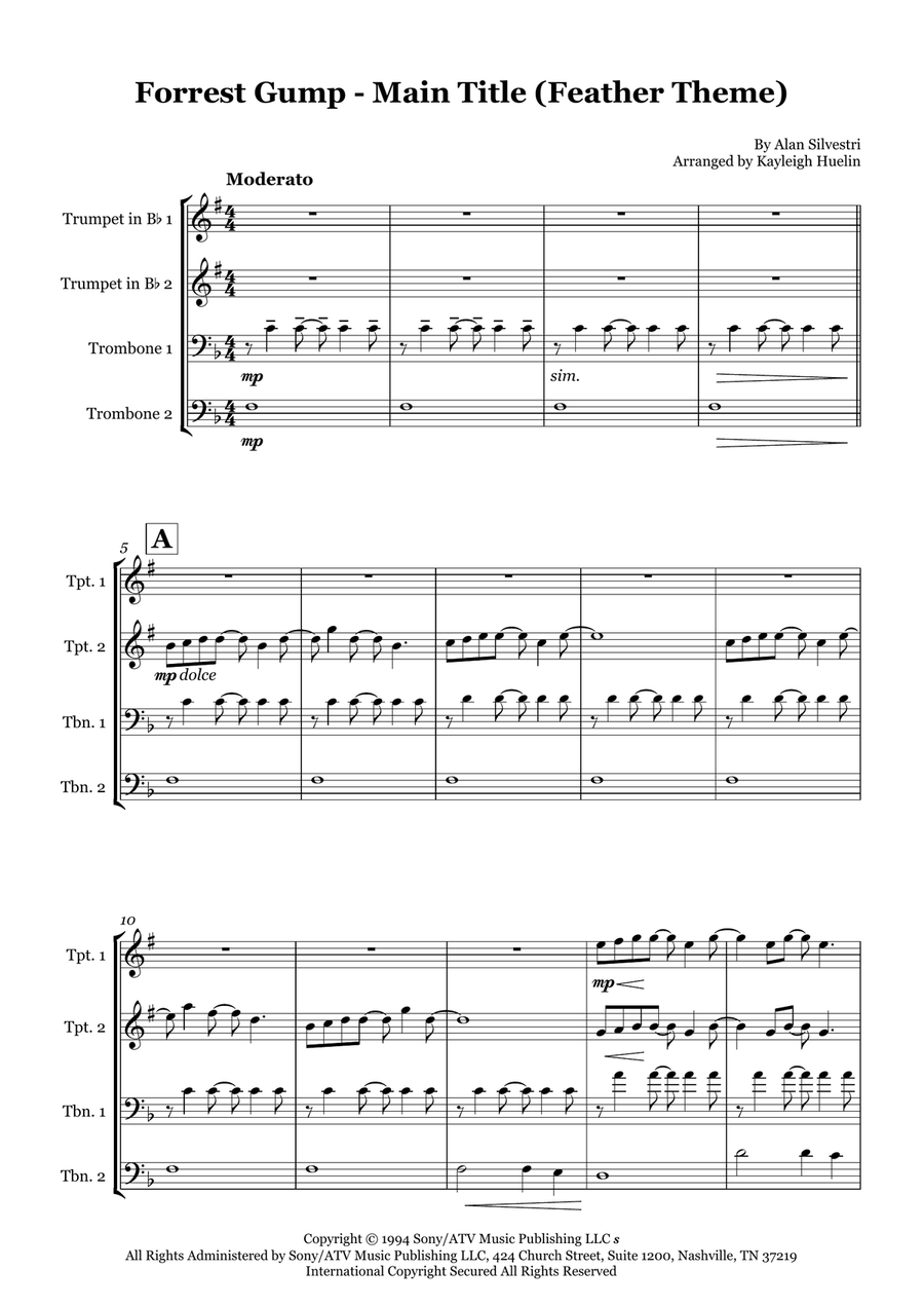 Forrest Gump - Main Title (Feather Theme) Brass Quartet scores gallery preview page 1