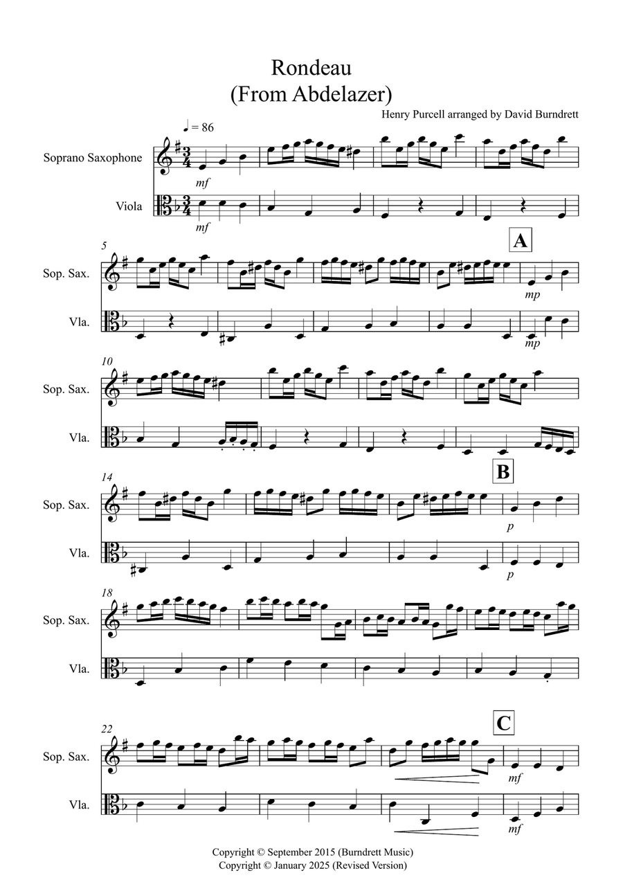 Rondeau (from Abdelazer) for Soprano Saxophone and Viola Duet Soprano Saxophone scores gallery preview page 1