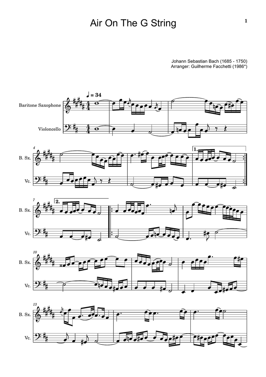 Air on the G String. For Baritone Sax and Violoncello. Chamber Music scores gallery preview page 1