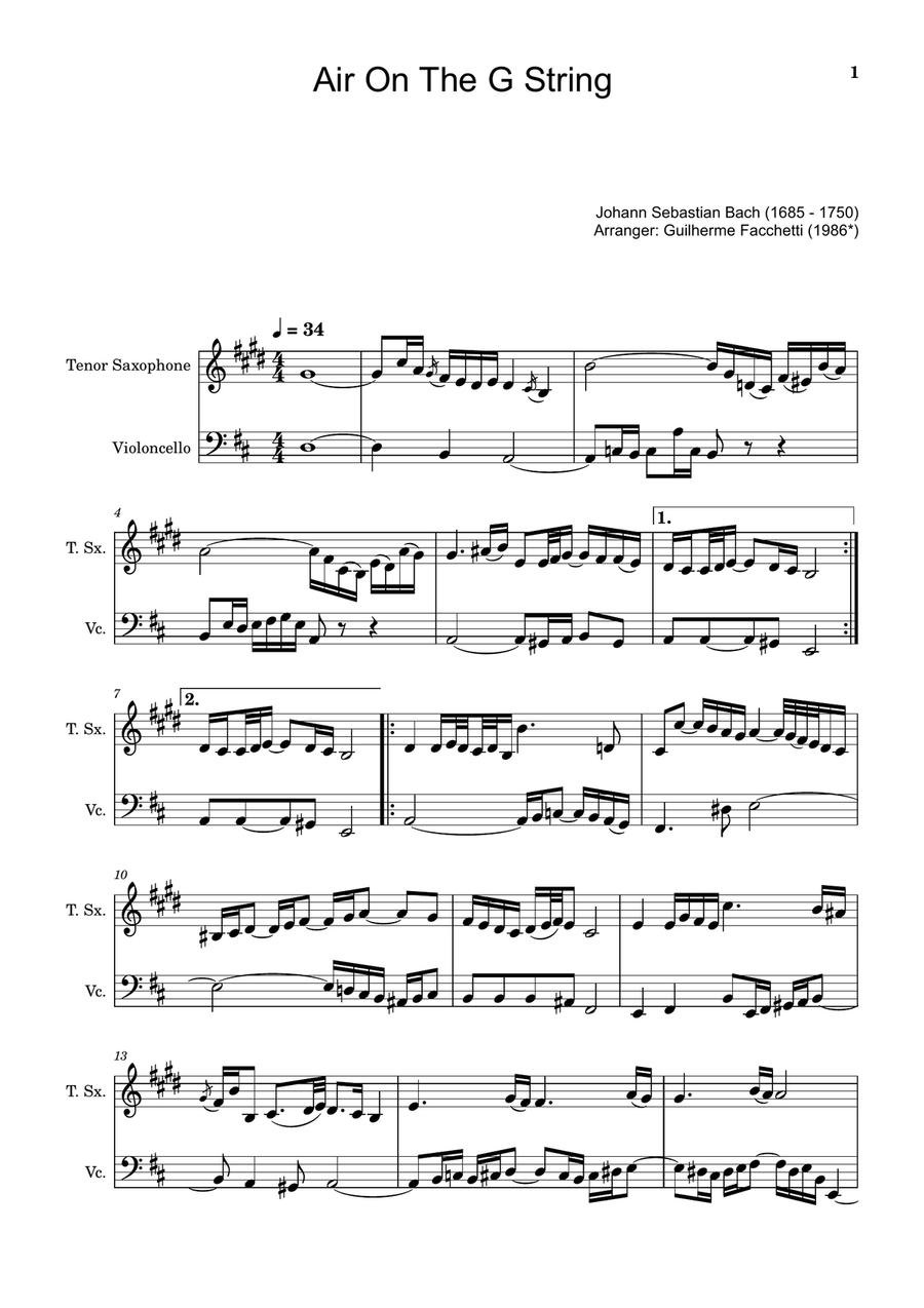 Air on the G String. For Tenor Sax and Violoncello. Chamber Music scores gallery preview page 1