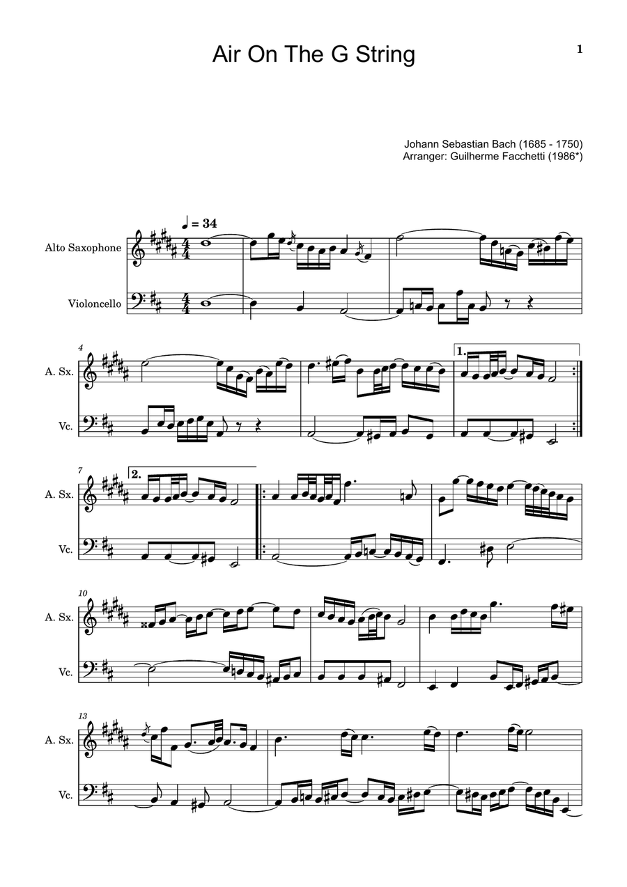 Air on the G String. For Alto Sax and Violoncello. Chamber Music scores gallery preview page 1