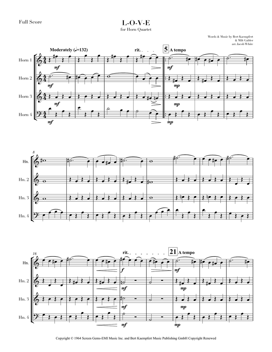 L-O-V-E L-O-V-E Brass Quartet scores gallery preview page 1