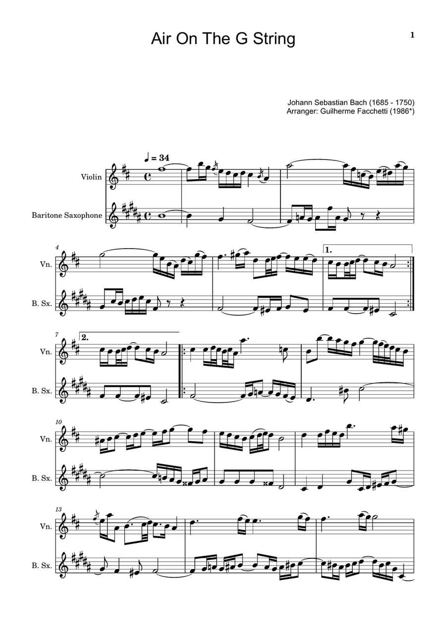 Air on the G String. For Violin and Baritone Saxophone. Chamber Music scores gallery preview page 1