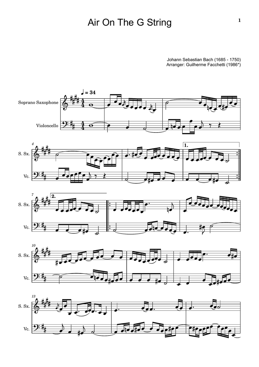 Air on the G String. For Soprano Sax and Violoncello. Chamber Music scores gallery preview page 1