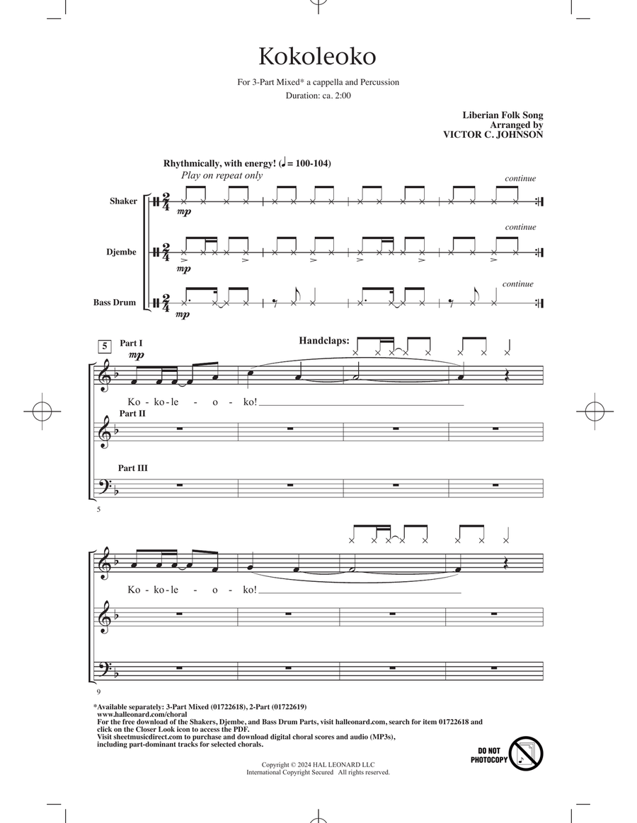 Kokoleoko (arr. Victor Johnson) 3-Part scores gallery preview page 1
