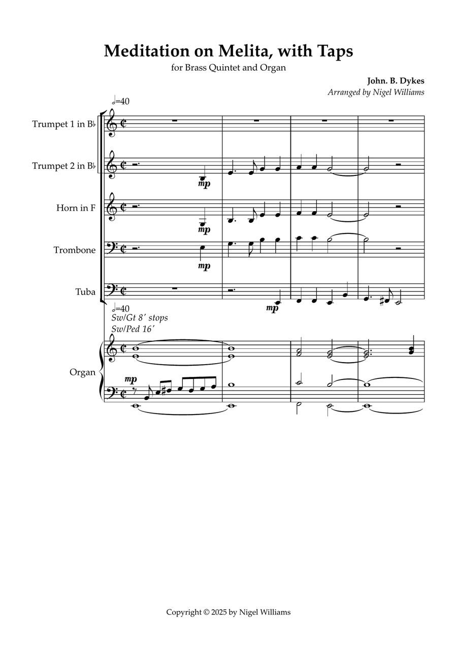 Meditation on Melita, with Taps, for Brass Quintet & Organ Brass Quintet scores gallery preview page 1