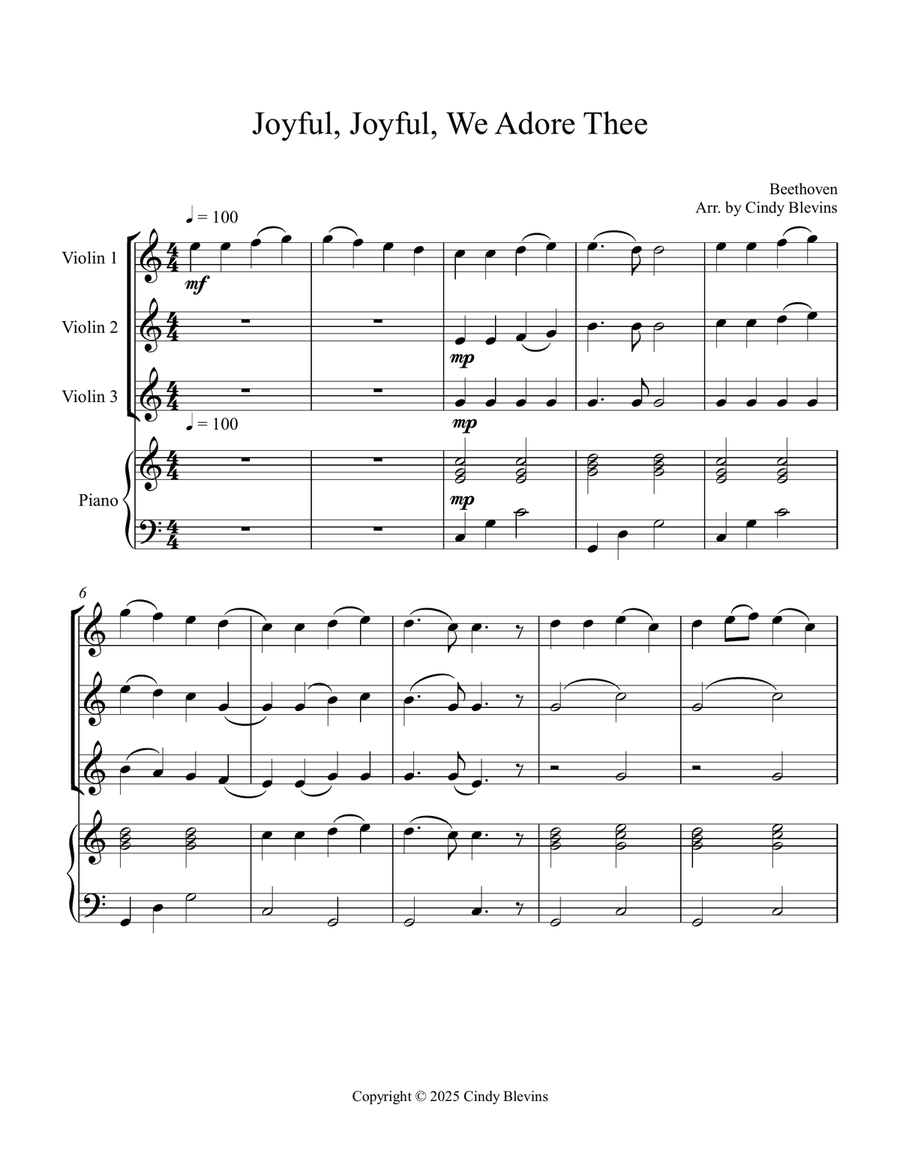 Joyful, Joyful, We Adore Thee, for Three Violins and Piano Small Ensemble scores gallery preview page 2
