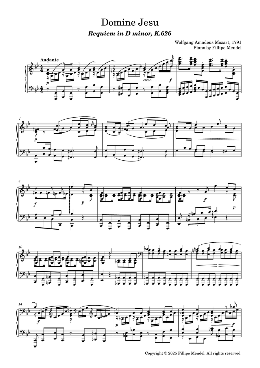 Mozart - Domine Jesu from Requiem in D minor for piano Piano Solo scores gallery preview page 1