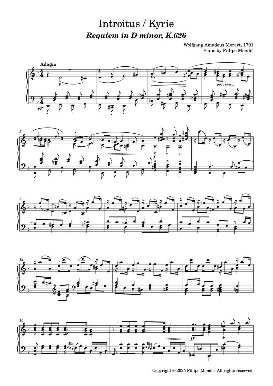 Mozart - Introitus & Kyrie from Requiem in D minor for piano Piano Solo scores gallery preview page 1