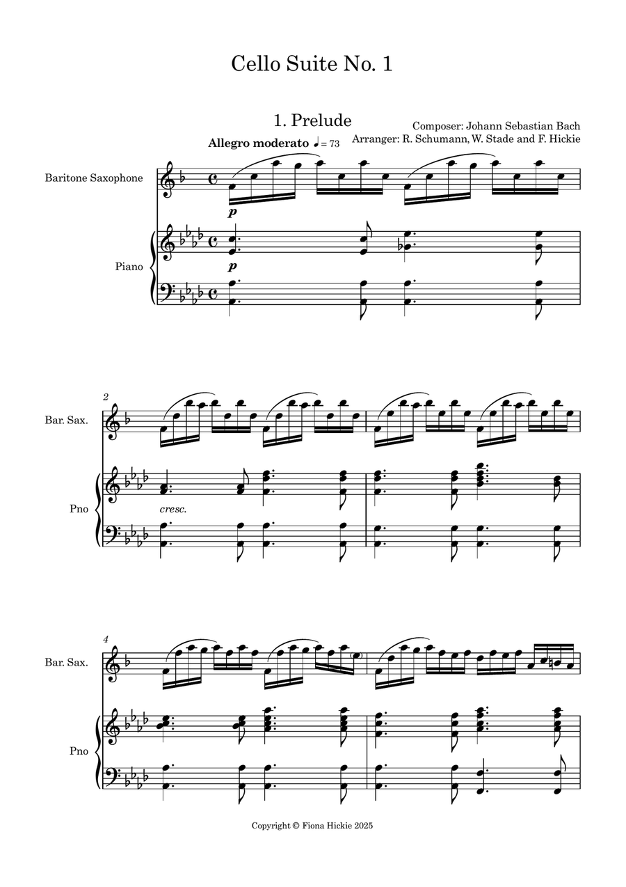 Bach's Cello Suite, No. 1 Baritone Saxophone scores gallery preview page 2