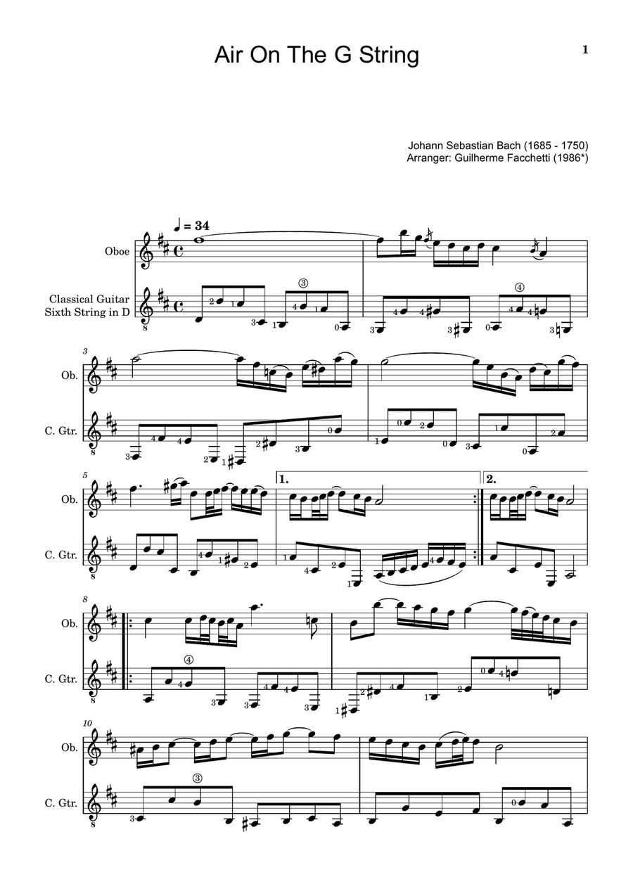 Air on the G String. For Oboe and Classical Guitar. Chamber Music scores gallery preview page 1