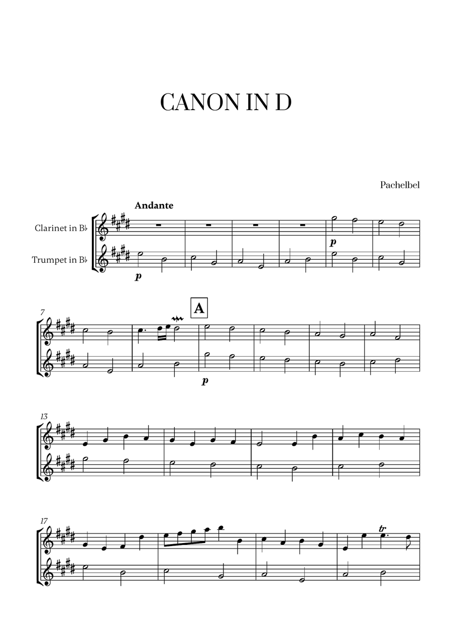 Pachelbel - Canon in D (for Clarinet and Trumpet) B-Flat Clarinet scores gallery preview page 1